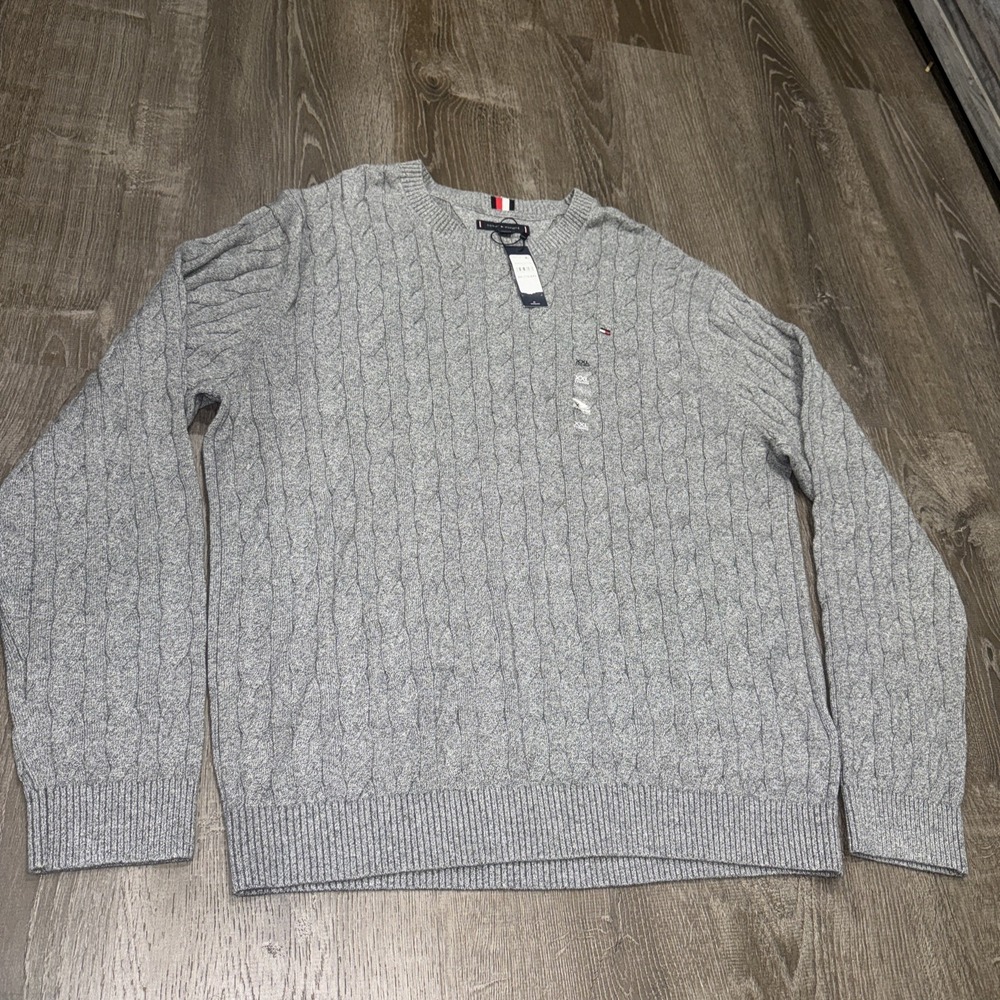NWT Tommy Hilfiger Jumper Mens XXL Gray Cotton Cable Knit Pullover Sweater